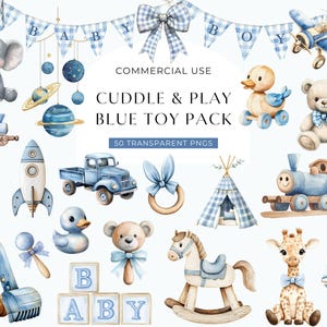 Clipart di giocattoli per neonati, clipart di cameretta per bambini con acquerello blu, baby shower per bambini, PNG trasparenti per uso commerciale, lavoretti fai da te DIGITALI