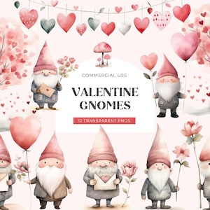 Gnomo de San Valentín, descarga digital, gnomos pastel de acuarela, gnomos de temporada, tarjeta de San Valentín, PNG para uso comercial gratuito