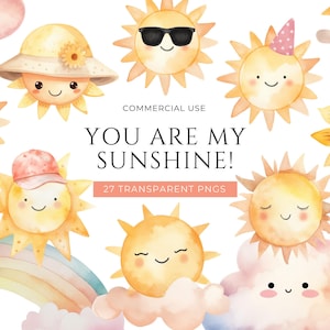 May include: A collection of watercolour sun illustrations with smiling faces, some wearing hats, sunglasses, or party hats, accompanied by rainbows and clouds, with the text COMMERCIAL USE YOU ARE MY SUNSHINE! 27 TRANSPARENT PNGS.