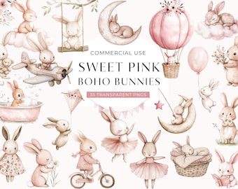 Rosa Boho Häschen Clipart, DIGITALER DOWNLOAD, Baby-Dusche-Kaninchen Clip Art, niedliches Aquarell Häschen Ballerina, schlafende Häschen kommerzielle Nutzung PNG