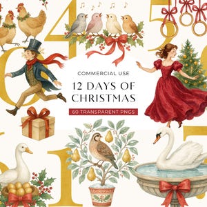 Puede incluir: Ilustraciones en acuarela de los 12 días de Navidad. La imagen incluye números, pájaros, un hombre corriendo, una mujer con un vestido rojo, un cisne y otros elementos temáticos navideños. El texto dice "12 Days of Christmas" y "60 PNG transparentes."
