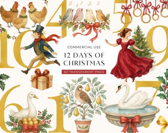 12 Days Of Christmas Clipart, Vintage Victorian Twelve Day Clip Art Graphics, Xmas Holiday Watercolor Printables, Commercial Use PNG DIGITAL