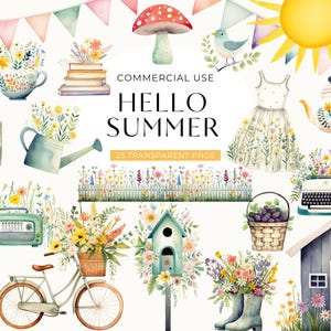 Summer Cottagecore Clipart, DIGITAL DOWNLOAD, Watercolor Summer Time Theme, Hello Summer Planner Clip Art, Floral Garden Commercial Use PNG