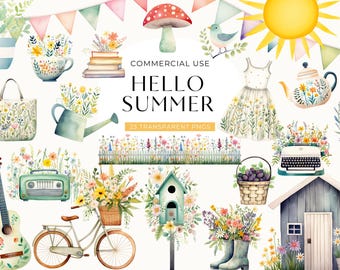 Summer Cottagecore Clipart, DIGITAL DOWNLOAD, Watercolor Summer Time Theme, Hello Summer Planner Clip Art, Floral Garden Commercial Use PNG