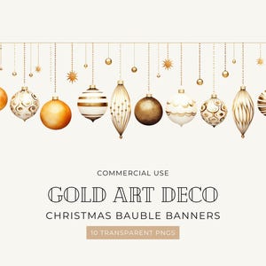 Hanging Ornaments Clipart Gold, DIGITAL DOWNLOAD, Christmas Bauble Decorations, Art Deco Elegant Watercolor Graphics, Commercial Use PNG