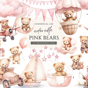 Clipart ours en peluche rose, téléchargement numérique, ours en peluche montgolfière, ours bohème mignon, aquarelle Baby Shower Clipart, usage Commercial PNG
