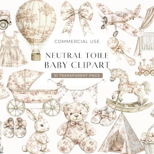 A Neutral Toile Baby Clipart set featuring elegant light beige watercolor nursery items. Includes vintage pram, hot air balloon, rocking horse, crib, baby clothes, doll, teddy bear, bunny, teepee, train, shoes, balloons, bunting and more in a classic French floral style. Perfect for gender neutral baby shower invitations, nursery wall art, birth announcements, scrapbooking, and sublimation. Chinoiserie inspired design, ideal for elegant baby decor. Commercial use included.
