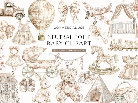 Neutral Toile Nursery Clipart, Gender Neutral Chinoiserie Baby Shower Clip Art, Beige Watercolor Toys, Vintage French Florals DIGITAL PNG
