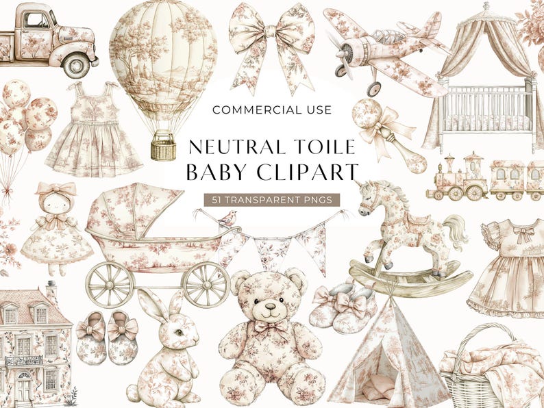 A Neutral Toile Baby Clipart set featuring elegant light beige watercolor nursery items. Includes vintage pram, hot air balloon, rocking horse, crib, baby clothes, doll, teddy bear, bunny, teepee, train, shoes, balloons, bunting and more in a classic French floral style. Perfect for gender neutral baby shower invitations, nursery wall art, birth announcements, scrapbooking, and sublimation. Chinoiserie inspired design, ideal for elegant baby decor. Commercial use included.