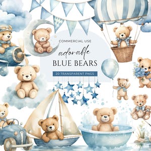 Clipart bleu ours en peluche, téléchargement numérique, montgolfière, ours en peluche bohème mignon, aquarelle Baby Shower Clipart, usage Commercial PNG