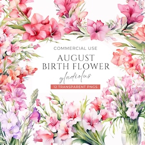 Paquete de imágenes prediseñadas de flores del mes de nacimiento de agosto, DESCARGA DIGITAL, Paquete de imágenes prediseñadas de gladiolos, Conjunto de gráficos de flores de gladiolos rosados, PNG de uso comercial