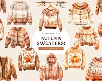 Autumn Sweater Watercolor Clipart, DIGITAL DOWNLOAD Fall Sweater Graphic, Sweater Weather Illustration, Cozy Thanksgiving Commercial Use PNG