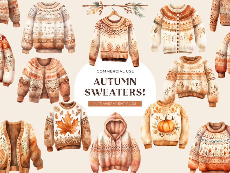 Autumn Sweater Watercolor Clipart, DIGITAL DOWNLOAD Fall Sweater Graphic, Sweater Weather Illustration, Cozy Thanksgiving Commercial Use PNG image 1