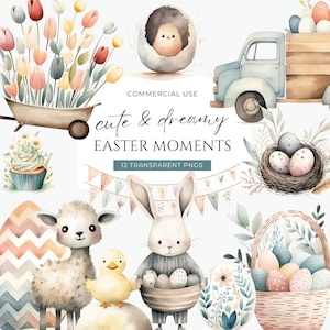 Pastell Ostern Aquarell Clipart, DIGITAL DOWNLOAD, Süßer Oster LKW, Frühlingsküken, Baby Lamm, Entlein Freie kommerzielle Nutzung transparent PNG