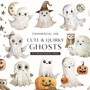Niedlicher Geist Clipart DIGITAL DOWNLOAD, Halloween Clip Art, mit Aquarell Eulen und Kürbissen, kleiner Boo-Baby-Dusche-kommerzielle Nutzung PNG