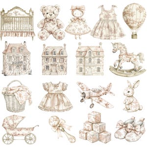 Clipart per cameretta dei bambini in toile neutre, clipart per baby shower in stile cineserie neutro, giocattoli acquerellati beige, fiori francesi vintage in formato PNG DIGITALE immagine 2