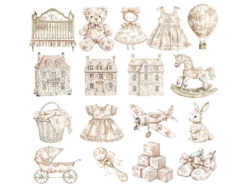 Clipart per cameretta dei bambini in toile neutre, clipart per baby shower in stile cineserie neutro, giocattoli acquerellati beige, fiori francesi vintage in formato PNG DIGITALE immagine 2