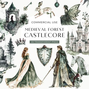 Imágenes prediseñadas de castillo medieval, imágenes prediseñadas de Castlecore de bosque de acuarela, gráficos de scrapbooking, princesa y caballero de cuento de hadas gótico IMÁGENES DIGITALES