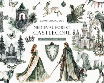 Medieval Castle Clipart, Watercolor Forest Castlecore Clip Art, Scrapbooking Graphics, Gothic Fairytale Princess And Knight DIGITAL IMAGES