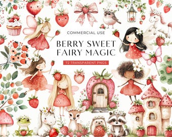 Puede incluir: Una ilustración digital caprichosa con hadas, animales y elementos con temática de fresas. La imagen incluye hadas con vestidos rojos, una casa de fresas y varias criaturas del bosque. El texto dice "Berry Sweet Fairy Magic".