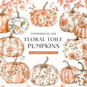 Clipart citrouilles toile orange, téléchargement numérique, chinoiseries aquarelle, clipart floral toile de Jouy pour Thanksgiving, usage commercial automne PNG