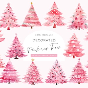 Pink Christmas Tree Clipart, DIGITAL DOWNLOAD, Candy Pink Retro Christmas Trees, Hot Pink Watercolor Decorated Xmas Tree, Commercial Use PNG