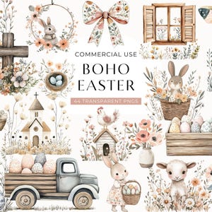 Boho Easter Clipart, aquarela neutra primavera clip art, ilustrações de guirlanda rústica, gráficos de coelho, uso comercial PNG, DOWNLOAD DIGITAL