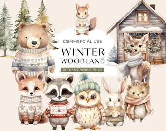 Woodland Creatures Clipart, DIGITAL DOWNLOAD, Christmas Woodland Illustrations, Forest Animals, Fox Watercolor Graphics, Commercial Use PNG