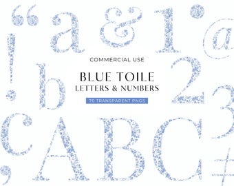 Blue Chinoiserie Alphabet Clipart, Watercolor Toile Letter Clip Art, Card Making Floral Number, Wedding Monogram, Flower Baby Shower PNG