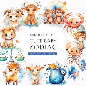 Zodiac Signs Clipart Baby, DIGITAL DOWNLOAD, Astrology Star Signs, Commercial Use, Baby Animal Watercolor Clip Art, PNG For Nursery Wall Art image 1