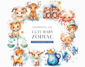 Zodiac Signs Clipart Baby, DIGITAL DOWNLOAD, Astrology Star Signs, Commercial Use, Baby Animal Watercolor Clip Art, PNG For Nursery Wall Art