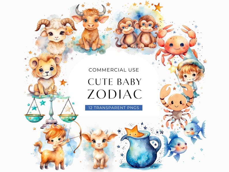 Zodiac Signs Clipart Baby, DIGITAL DOWNLOAD, Astrology Star Signs, Commercial Use, Baby Animal Watercolor Clip Art, PNG For Nursery Wall Art image 1