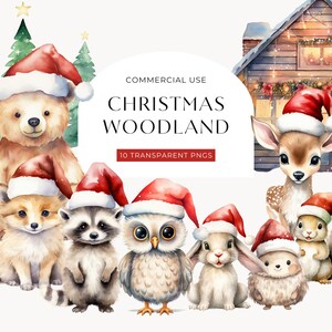 Clipart animaux de la forêt de Noël, téléchargement numérique, illustration de créatures de la forêt bébé mignon, graphiques aquarelle hiver, usage Commercial PNG