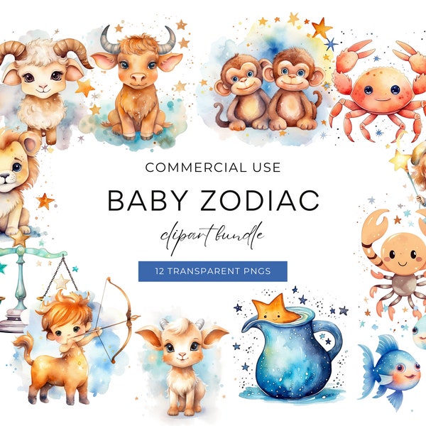 Zodiac Signs Clipart Baby, DIGITAL DOWNLOAD, Astrology Star Signs, Commercial Use, Baby Animal Watercolor Clip Art, PNG For Nursery Wall Art