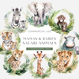Baby Tier und Mama Clipart, DIGITAL DOWNLOAD, Dschungel Safari Mama Clip Art, Aquarell Muttertag, Wild One Baby Shower, kommerzielle Nutzung PNG