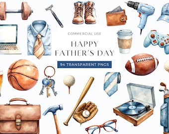 May include: Watercolor illustrations of Father's Day themed items, including a laptop, shirt, tie, tools, sports equipment, and a record player. The text reads "Happy Father's Day" and "94 Transparent PNGs".