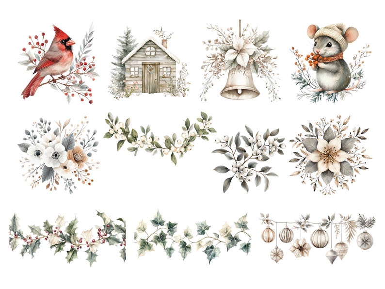 Boho Winter Clipart, DIGITAL DOWNLOAD, Neutral Xmas Clip Art, Cozy Christmas Watercolor, Rustic Wintertime, Cute December Commercial Use PNG image 3