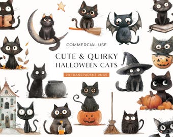 Halloween Black Cat Clipart, DIGITAL DOWNLOAD, Quirky Funny Cat Clip Art, Cute Watercolor Halloween Illustrations, Free Commercial Use PNG