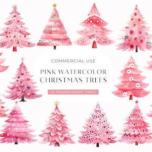 A clipart pack of 12 pink Christmas trees. Cute watercolor images of pretty Xmas tree illustrations. Perfect for Christmas invitations, party invites, holiday craft projects, scrapbooking and more! Transparent PNG files with commercial use included.
