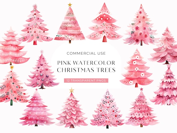 Pink Christmas Tree Clipart, DIGITAL DOWNLOAD, Candy Pink Retro Christmas Trees, Hot Pink Watercolor Decorated Xmas Tree, Commercial Use PNG