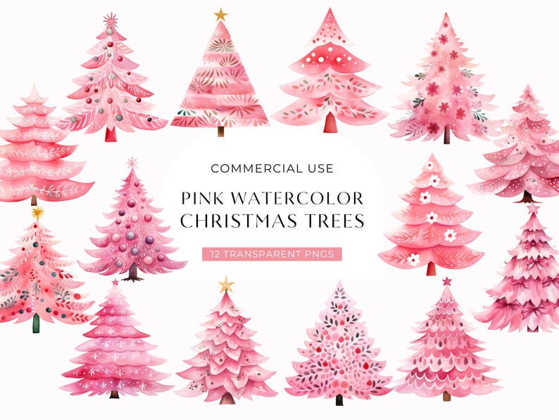 A clipart pack of 12 pink Christmas trees. Cute watercolor images of pretty Xmas tree illustrations. Perfect for Christmas invitations, party invites, holiday craft projects, scrapbooking and more! Transparent PNG files with commercial use included.