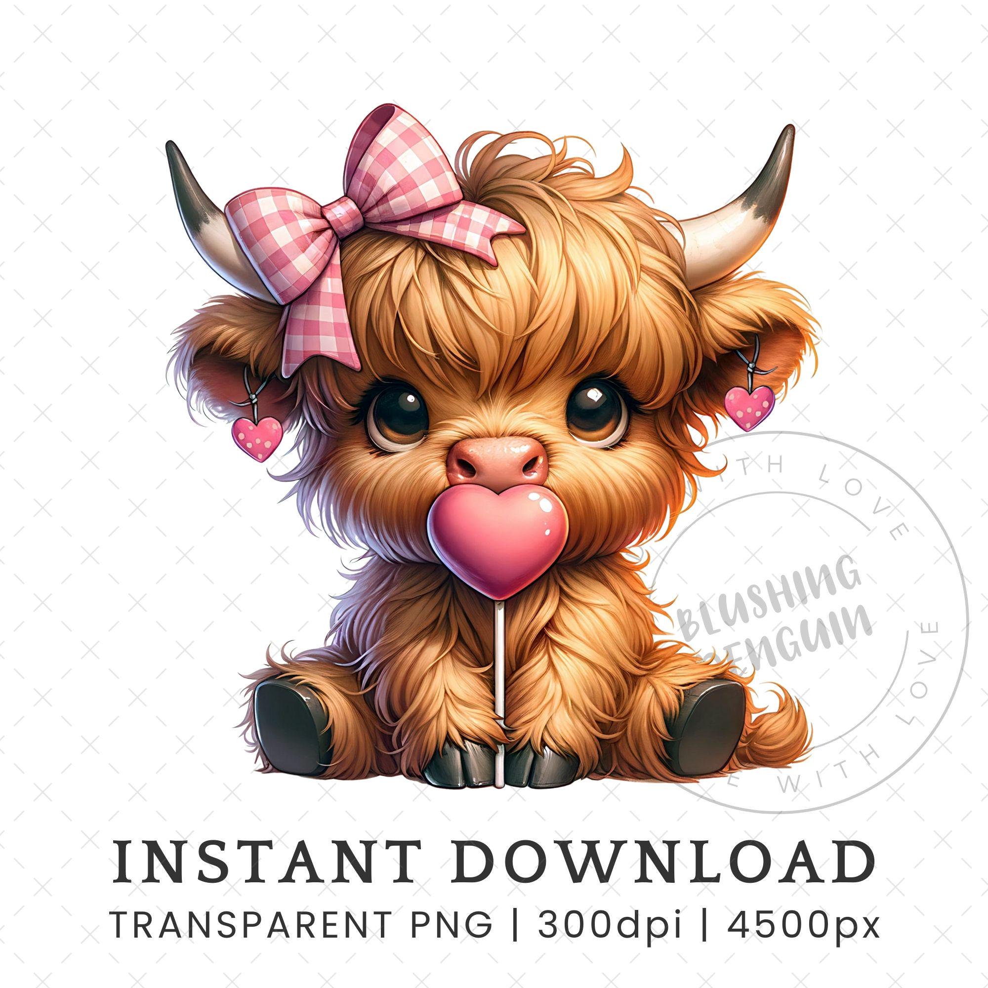 Baby Highland Cow With Lollipop PNG, Coquette Highland Cow And Pink Bow T-Shirt Sublimation Design, Cute Retro Valentine Heart Day Shirt PNG