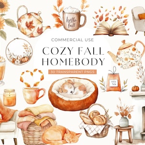 Clipart de otoño en acuarela acogedor, descarga digital, clip art de otoño, pegatinas digitales para planificador de octubre, gráficos de Acción de Gracias, PNG para uso comercial