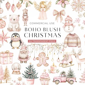 Clipart de Navidad boho rosa, DESCARGA DIGITAL, Clip Art de acuarela de invierno, Clipart de baby shower de niña en diciembre, Uso comercial de Navidad pastel PNG