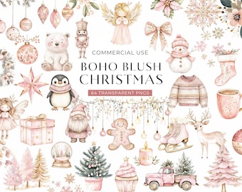 Pink Christmas Boho Clipart, DIGITAL DOWNLOAD, Watercolor Winter Clip Art, Girl December Baby Shower Clipart, Pastel Xmas Commercial Use PNG
