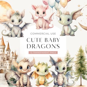 Baby-Drachen Clipart, DIGITAL DOWNLOAD, Aquarell Clipart Baby-Drachen, Fantasy Clip Art Bundle, süßes Grafikset, kommerzielle Nutzung PNG-Bilder