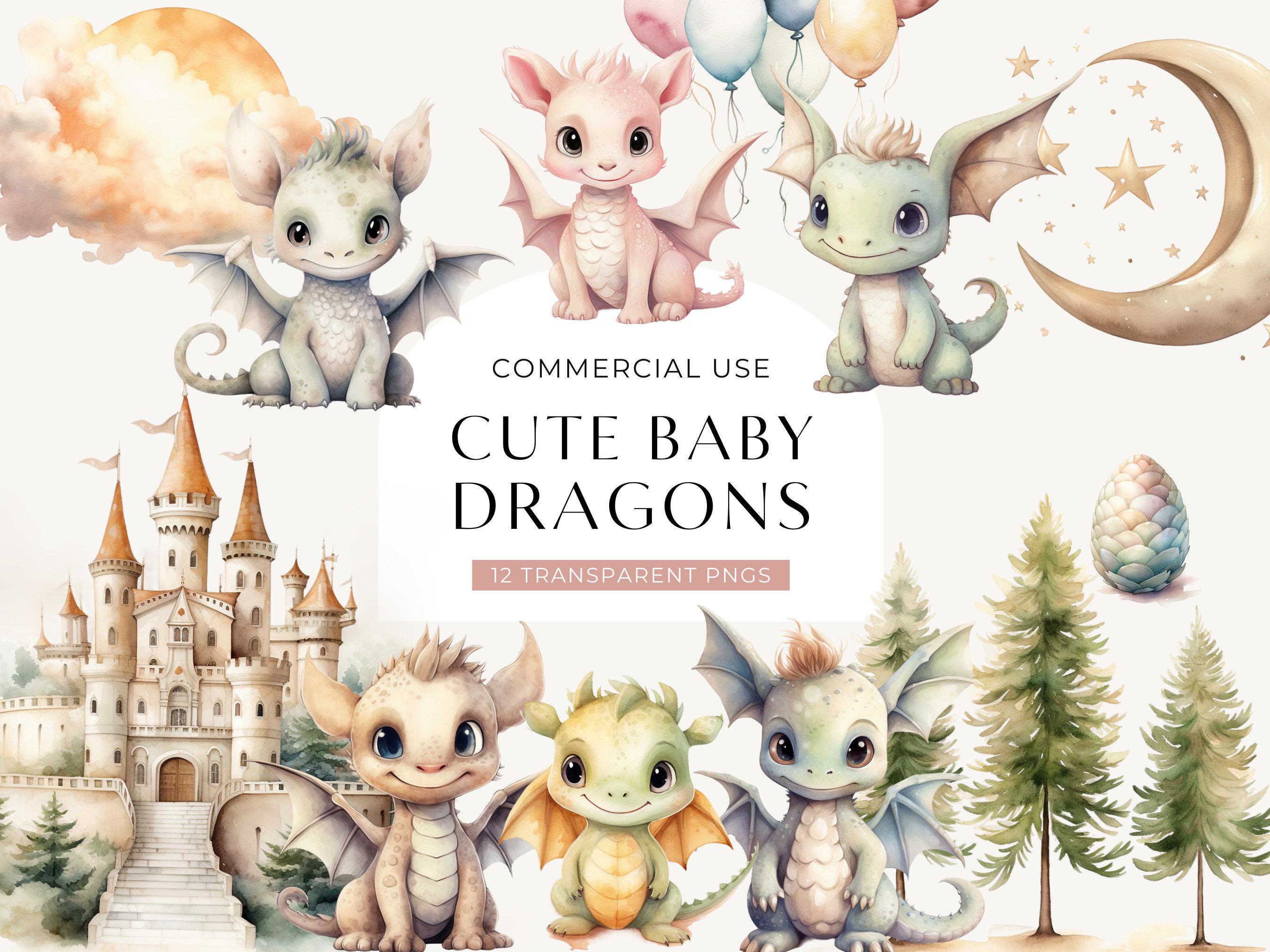 Baby Dragon Clipart, DIGITAL DOWNLOAD, Watercolor Clipart Baby Dragons, Fantasy Clip Art Bundle, Cute Graphic Set, Commercial Use PNG Images
