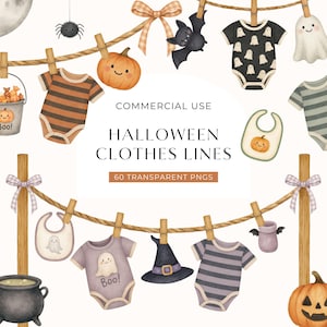 Op de afbeelding: Waterverfillustratie van babykleding en accessoires met Halloween-thema die aan een waslijn hangen. Inclusief rompertjes, slabbetjes, pompoenen, vleermuizen en een heksenhoed. De tekst luidt "Halloween Clothes Lines" en "60 Transparent PNGs".