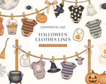 Halloween Clothes Line Clipart, Watercolor Clothesline Clip Art, Baby Shower Images, 1st Halloween Graphics, Cute Spooky Nursery DIGITAL PNG