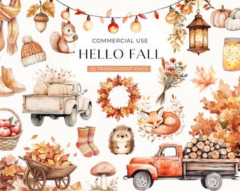 May include: A collection of watercolor autumn-themed illustrations featuring a truck with logs, a truck with hay, a squirrel, a fox, a hedgehog, a basket of apples, a wheelbarrow of leaves, pumpkins, a lantern, and the text HELLO FALL.